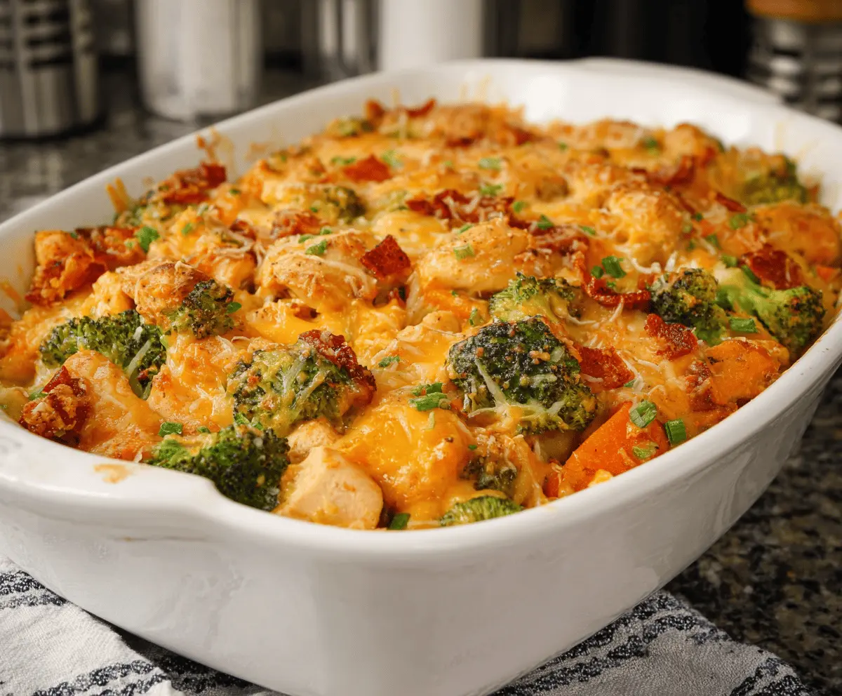 Delicious cheesy chicken sweet potato broccoli casserole served in a baking dish.