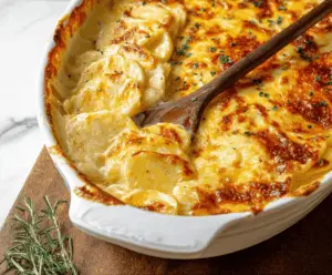 Delicious cheesy scalloped potatoes baked to perfection with golden brown edges