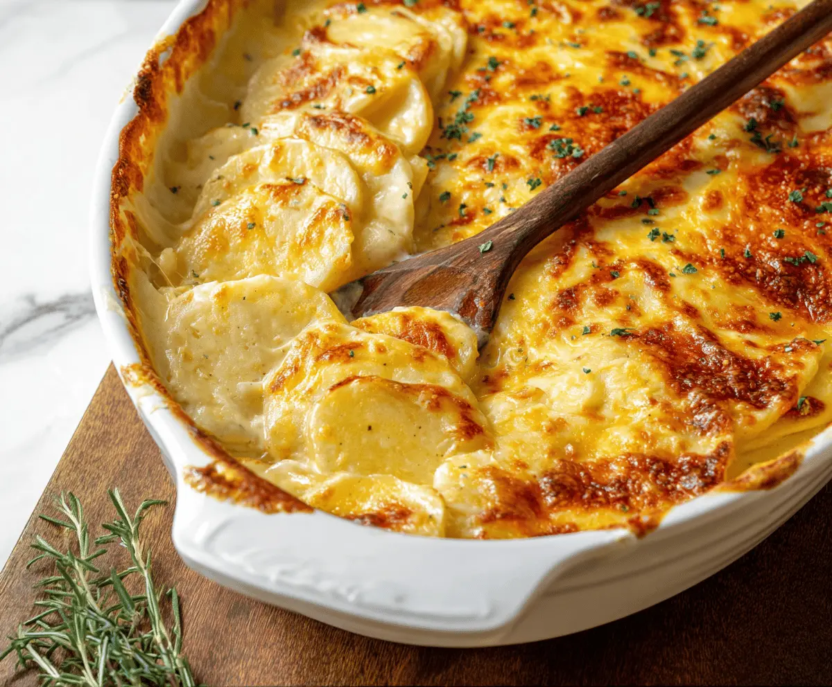 Delicious cheesy scalloped potatoes baked to perfection with golden brown edges