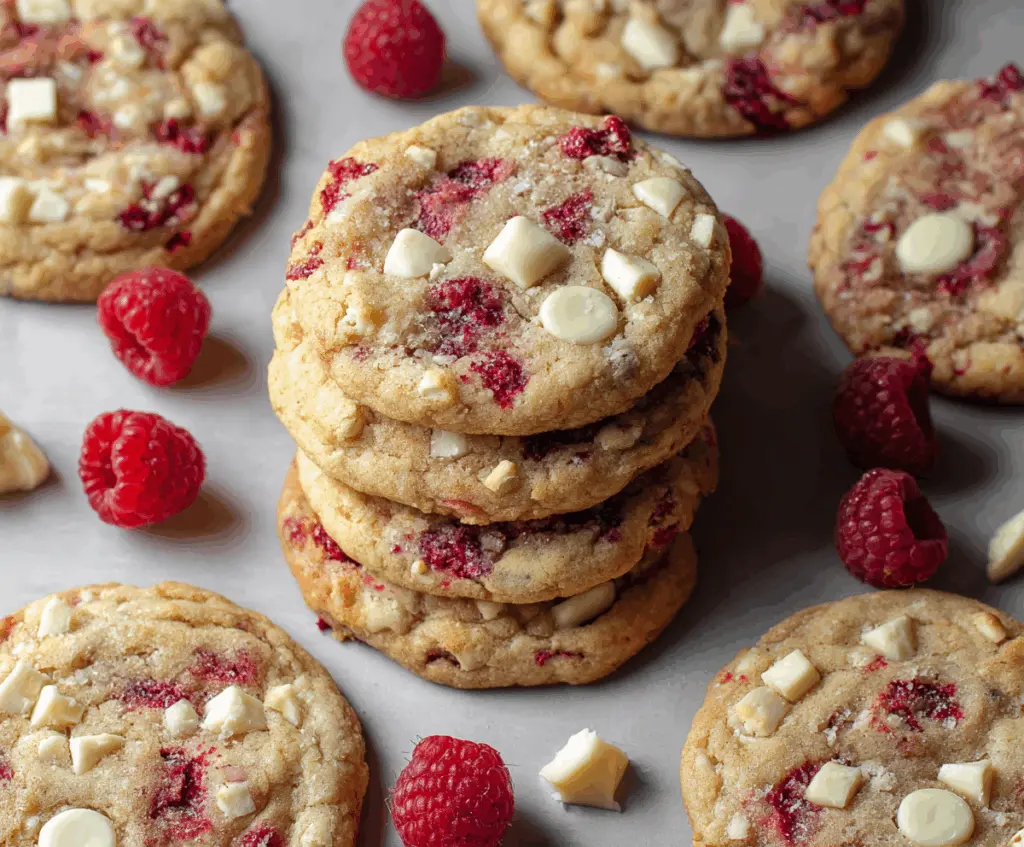 Delicious chewy raspberry white chocolate cookies with vibrant red berries and creamy white chocolate chunks.