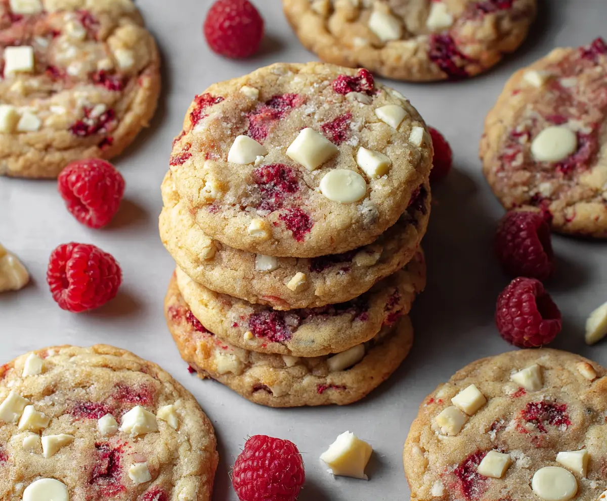 Delicious chewy raspberry white chocolate cookies with vibrant red berries and creamy white chocolate chunks.