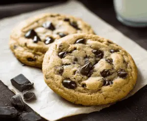 Homemade chocolate chip cookies fresh out of the oven with melty chocolate chips.