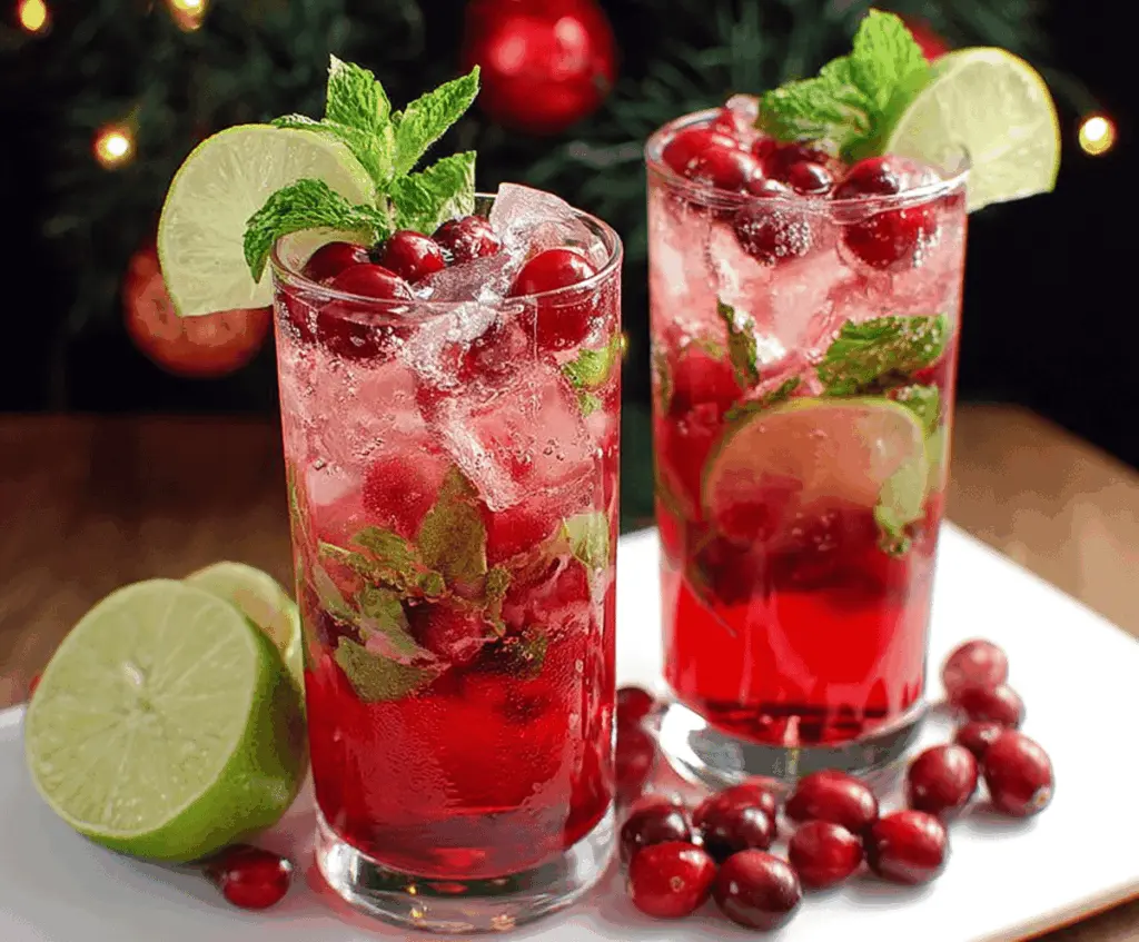 Festive Christmas Cranberry Mojito with fresh cranberries, mint leaves, and a splash of lime in a clear cocktail glass.