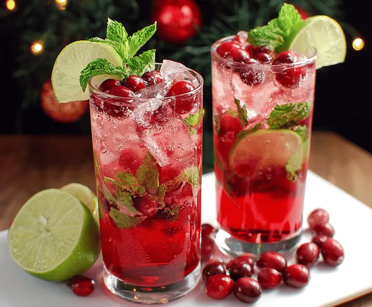 Festive Christmas Cranberry Mojito with fresh cranberries, mint leaves, and a splash of lime in a clear cocktail glass.
