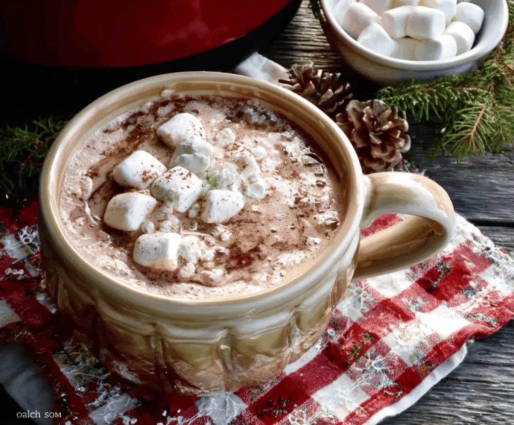 Delicious Christmas Eve crockpot hot chocolate with whipped cream and festive toppings in a cozy holiday setting.