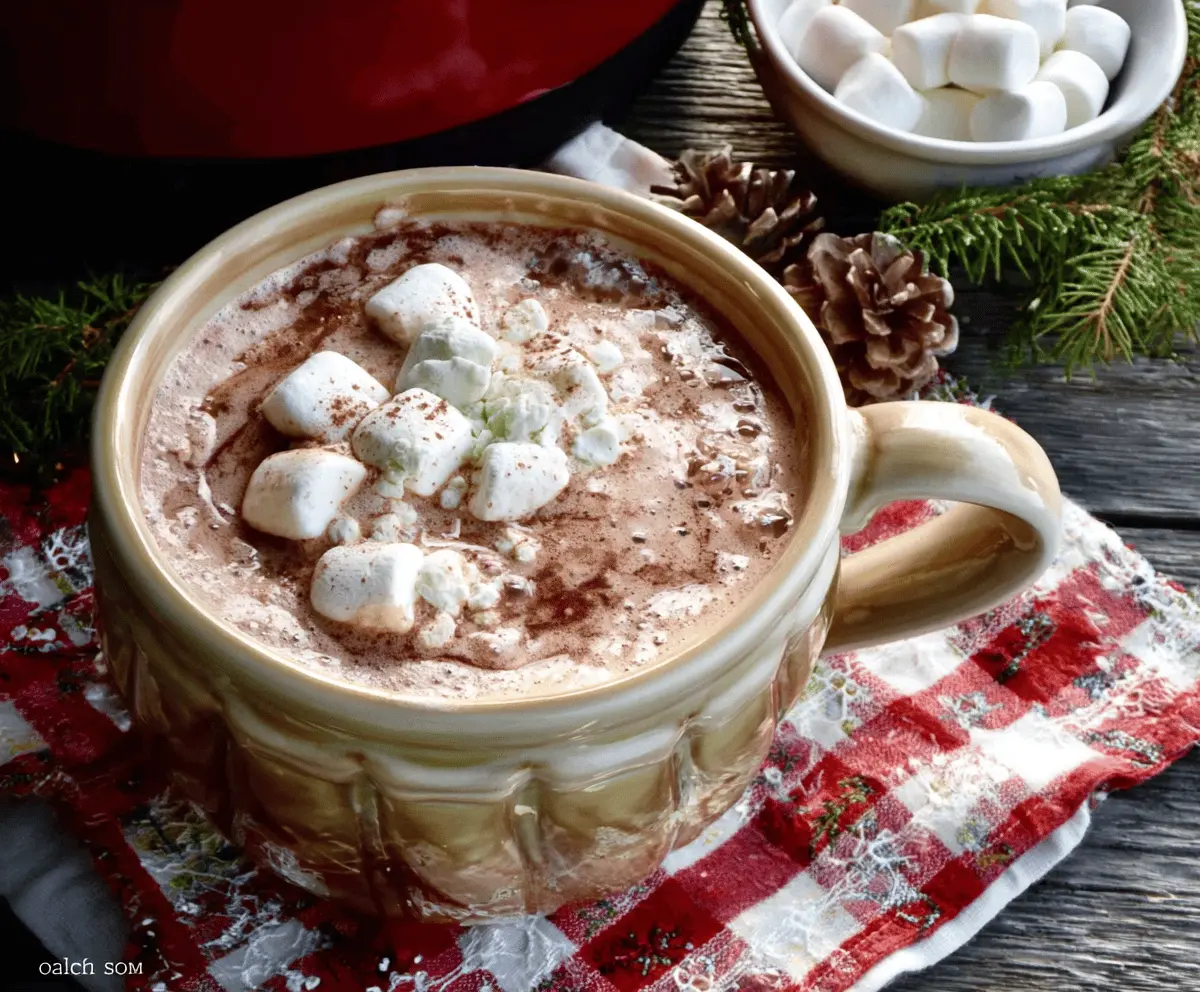 Delicious Christmas Eve crockpot hot chocolate with whipped cream and festive toppings in a cozy holiday setting.