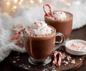 A festive cup of Christmas Peppermint Hot Chocolate topped with whipped cream and crushed peppermint candies.