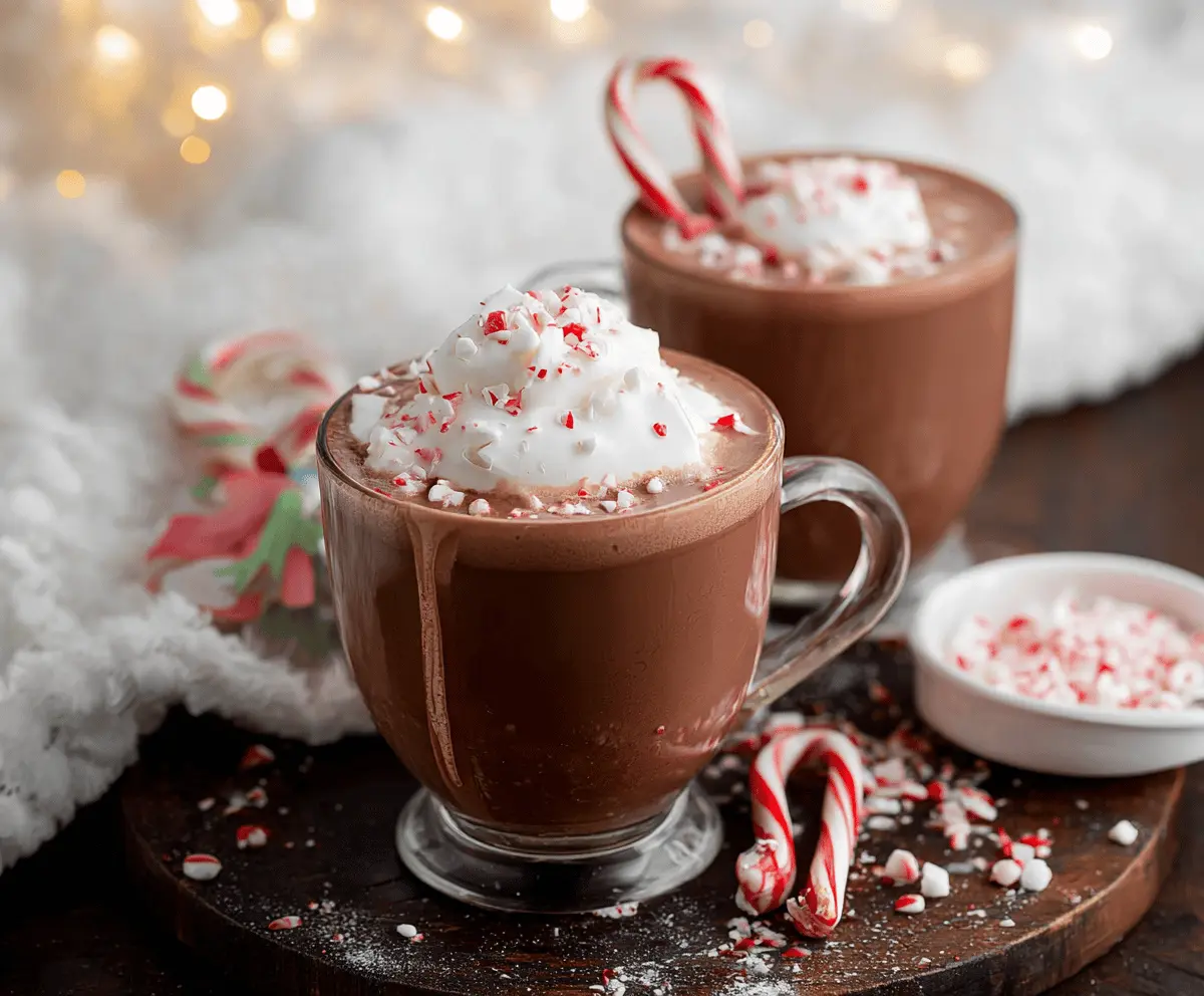 A festive cup of Christmas Peppermint Hot Chocolate topped with whipped cream and crushed peppermint candies.