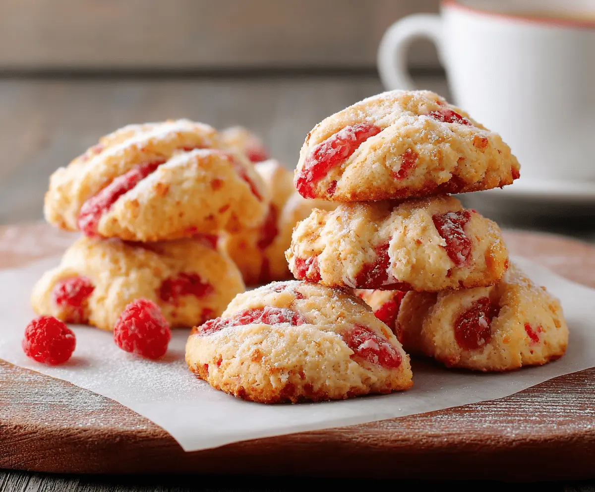 Delicious cottage cheese raspberry cookies with fresh raspberries and golden crust.