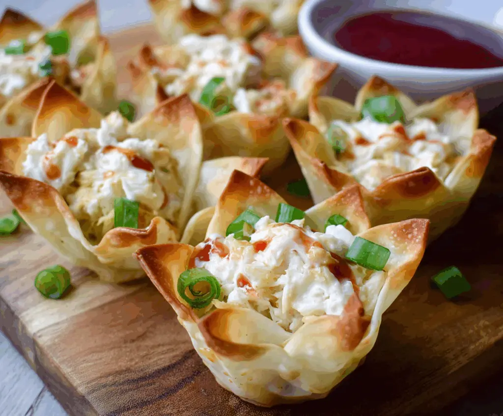 Delicious Crab Rangoon Wonton Cups filled with creamy crab and cheese filling, served as an appetizer.