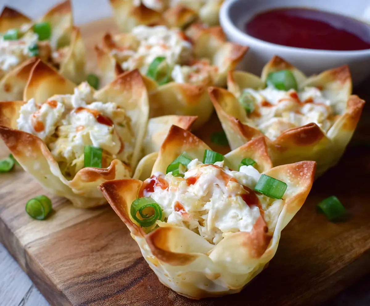Delicious Crab Rangoon Wonton Cups filled with creamy crab and cheese filling, served as an appetizer.