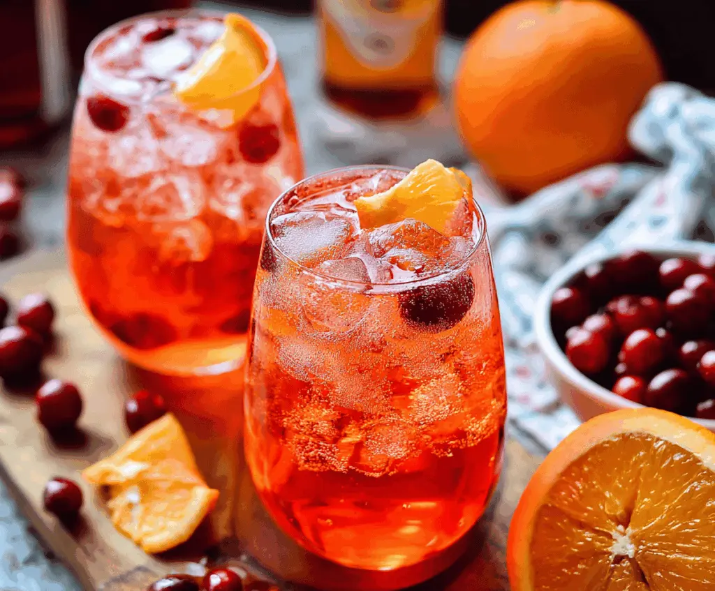 Refreshing Cranberry Aperol Spritz cocktail garnished with fresh cranberries and orange slice in a clear glass.