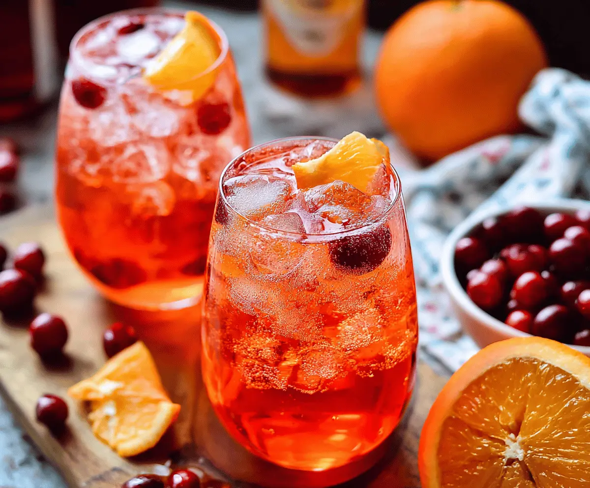Refreshing Cranberry Aperol Spritz cocktail garnished with fresh cranberries and orange slice in a clear glass.