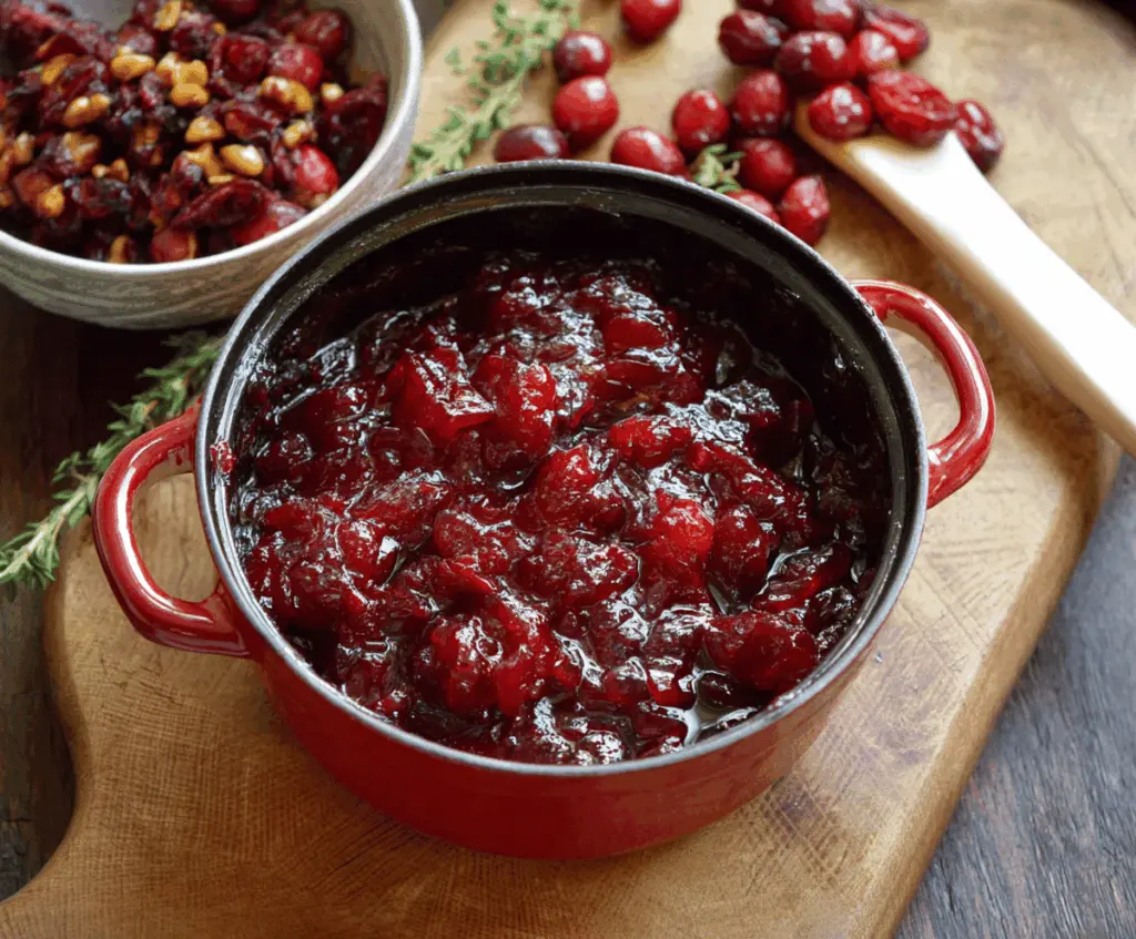 Colorful bowl of homemade cranberry chutney with fresh cranberries and spices for holiday dinner.