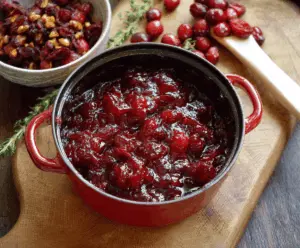 Colorful bowl of homemade cranberry chutney with fresh cranberries and spices for holiday dinner.