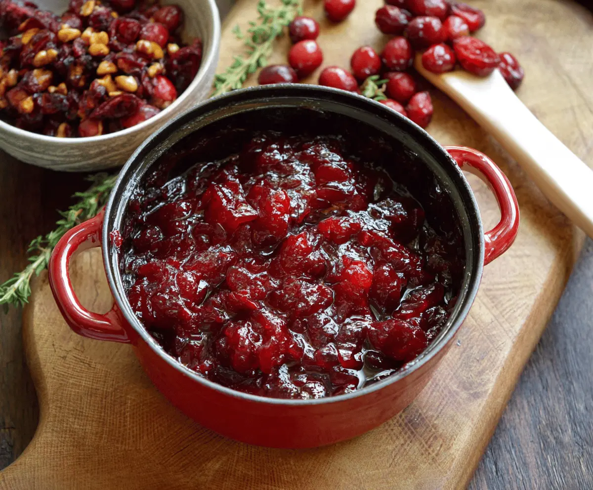 Colorful bowl of homemade cranberry chutney with fresh cranberries and spices for holiday dinner.