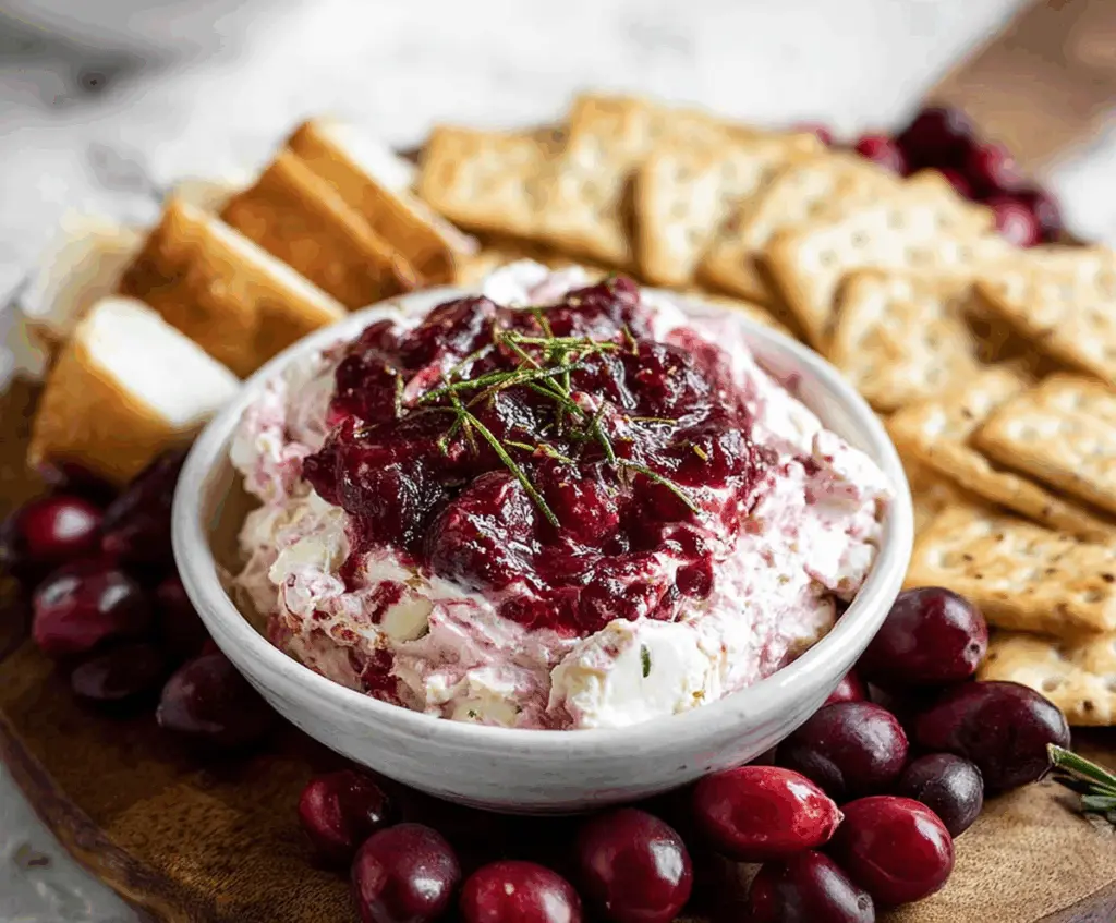 Creamy cranberry and cream cheese dip served with fresh fruit for holiday snacking