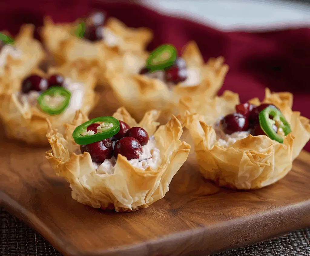 Delicious Cranberry Jalapeno Phyllo Cups filled with vibrant red cranberries and spicy jalapenos for a festive appetizer.