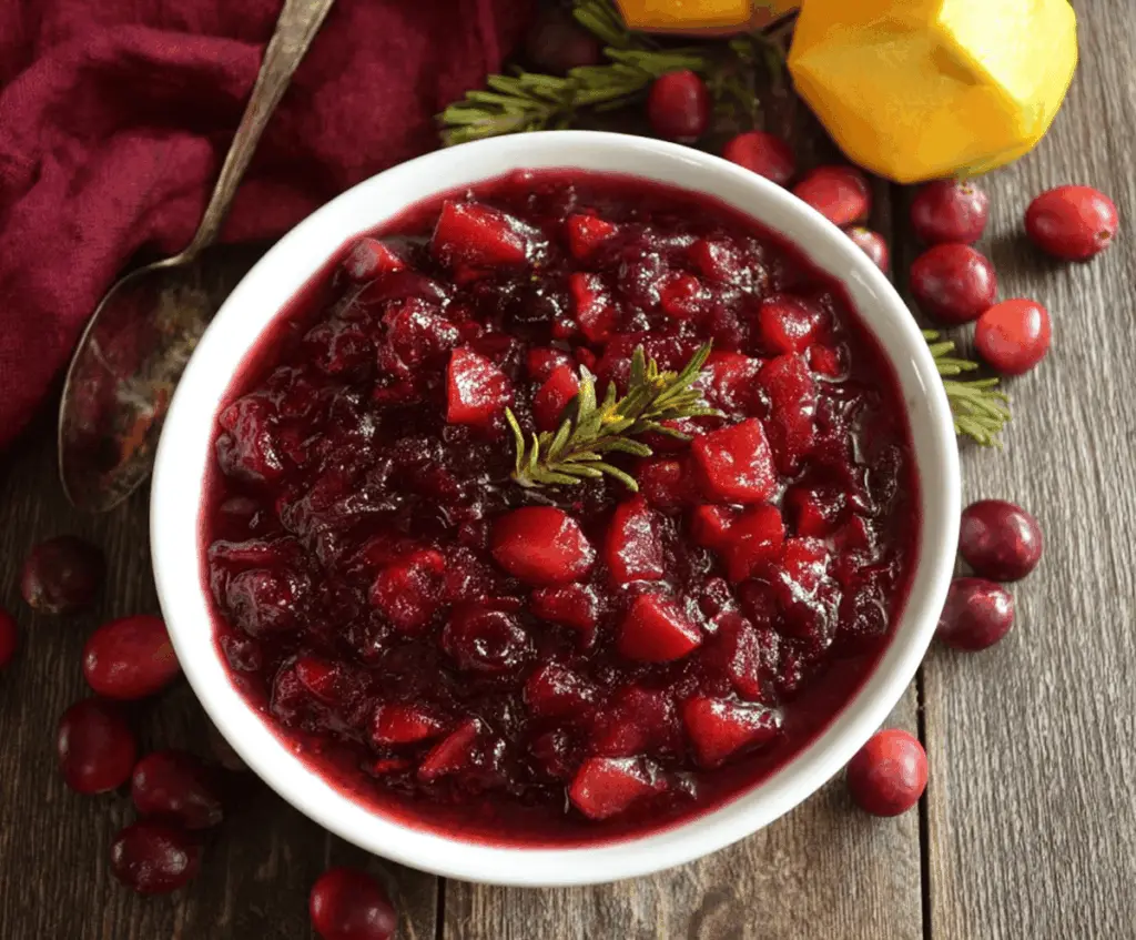 Vivid image of homemade Cranberry Mango Sauce showcasing its vibrant red and orange colors.
