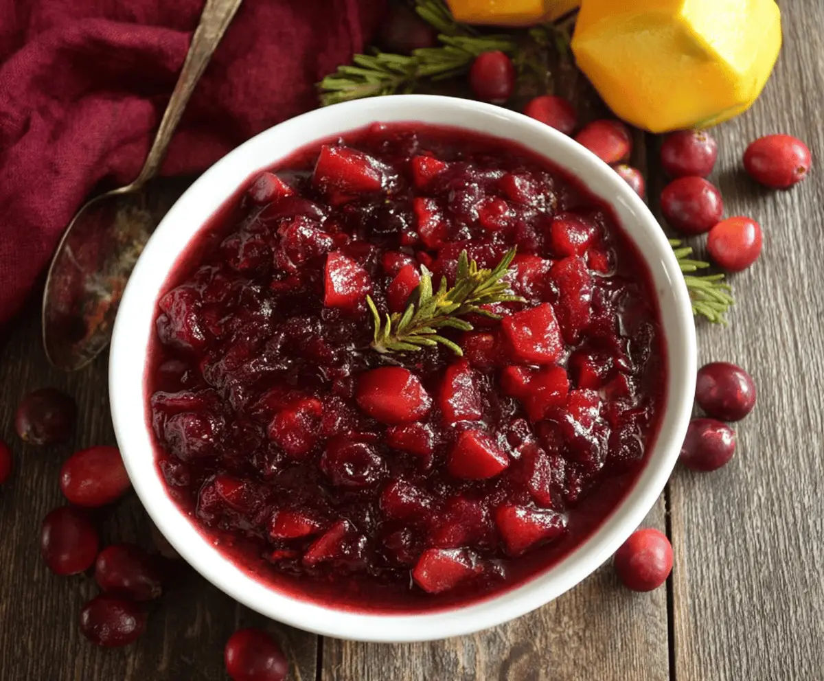 Vivid image of homemade Cranberry Mango Sauce showcasing its vibrant red and orange colors.