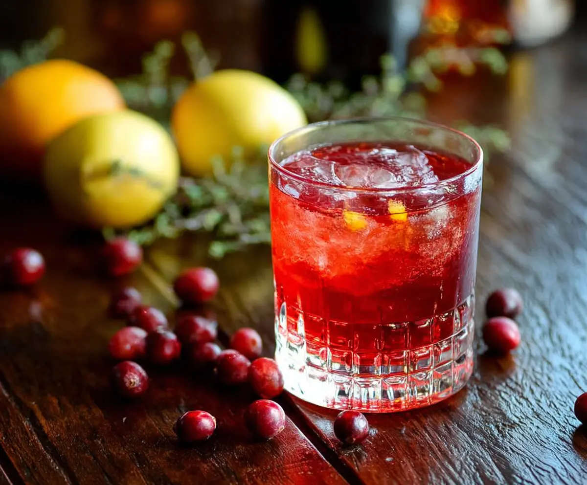 Cranberry Negroni cocktail garnished with fresh cranberries and orange peel on a stylish bar counter.