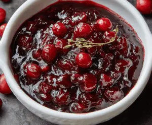 Delicious cranberry red wine sauce served in a glass jar, perfect for holiday dinners