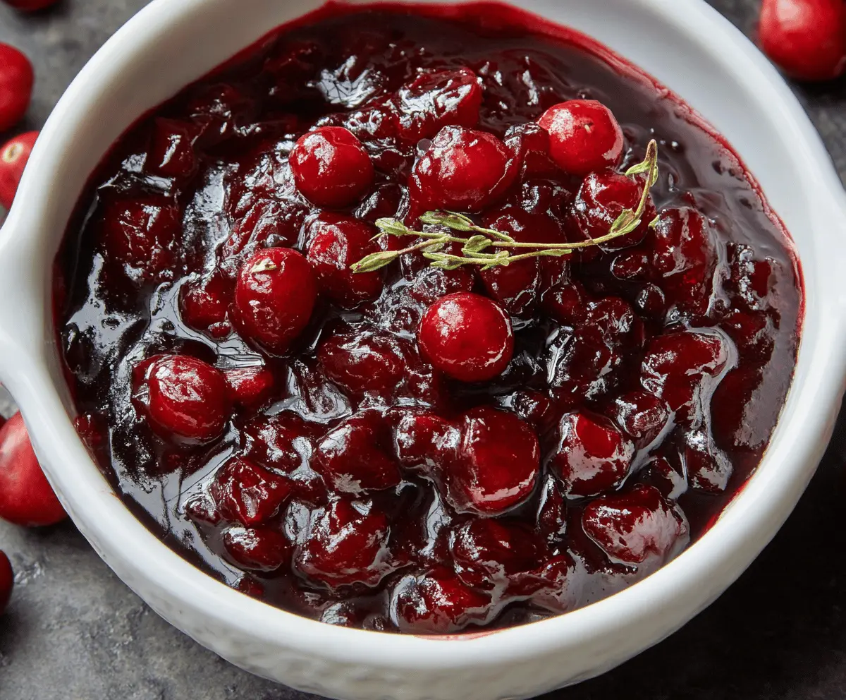 Delicious cranberry red wine sauce served in a glass jar, perfect for holiday dinners