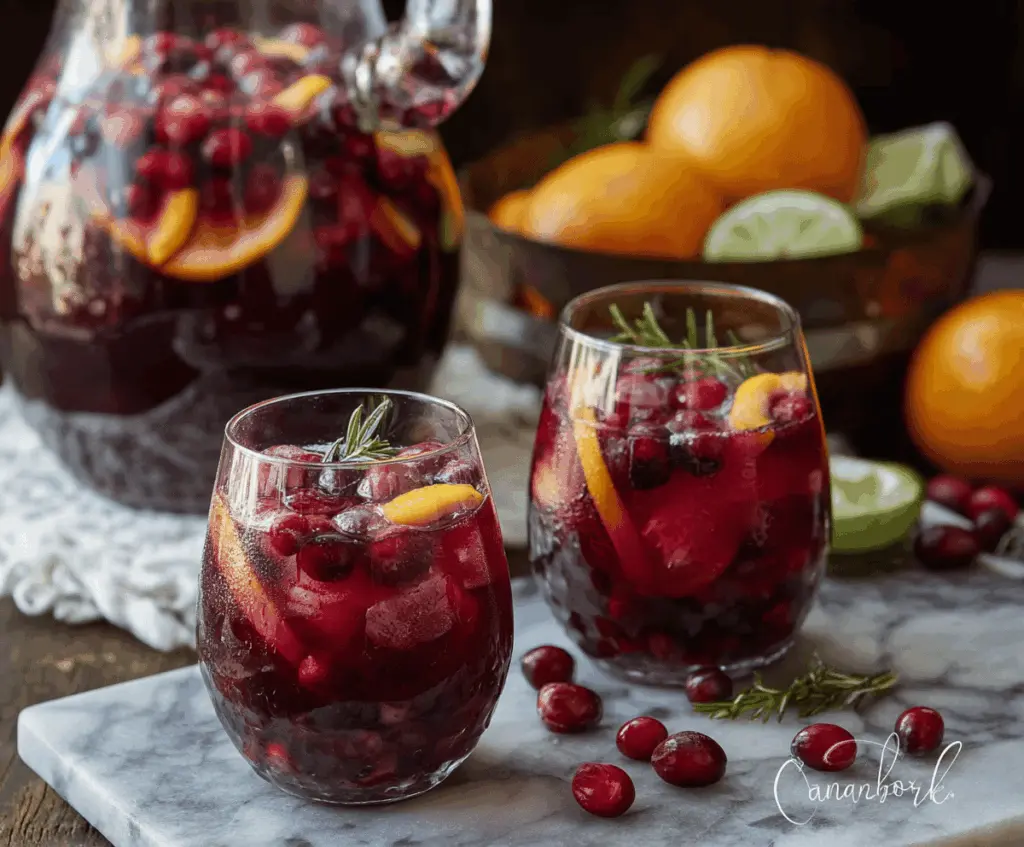 Refreshing cranberry sangria in a glass garnished with fresh berries and orange slices