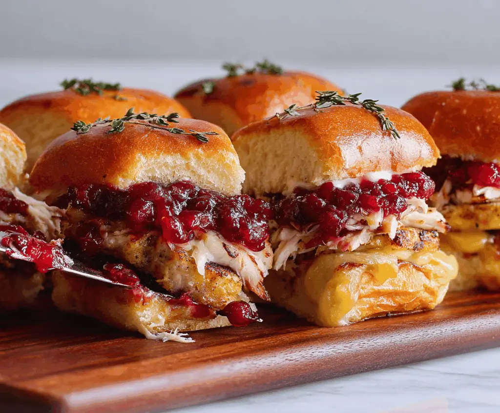 Delicious cranberry turkey sliders with fresh ingredients stacked in a bun.