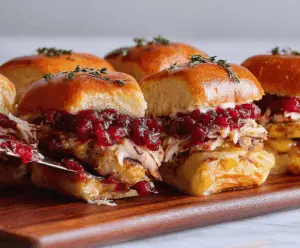 Delicious cranberry turkey sliders with fresh ingredients stacked in a bun.
