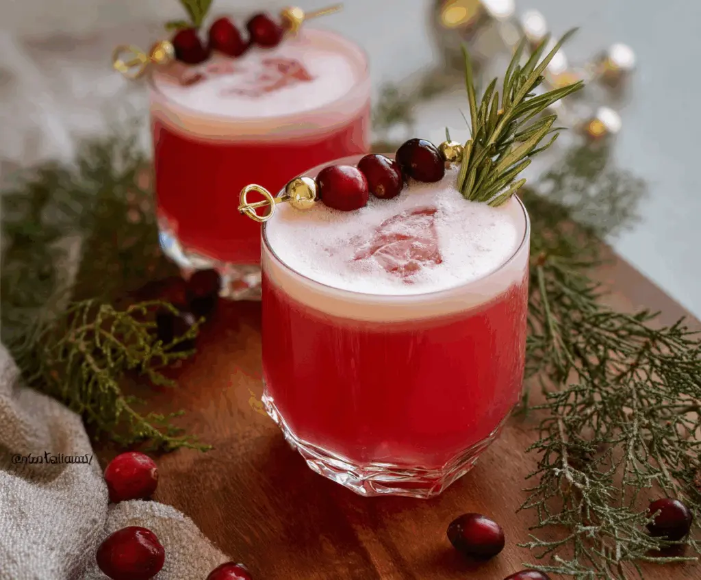 Refreshing Cranberry Whiskey Sour cocktail with fresh cranberries and a lemon garnish.