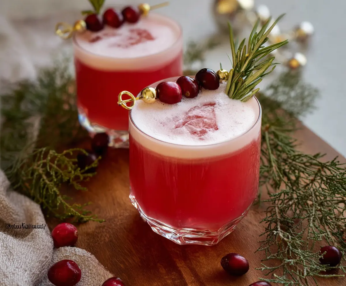 Refreshing Cranberry Whiskey Sour cocktail with fresh cranberries and a lemon garnish.