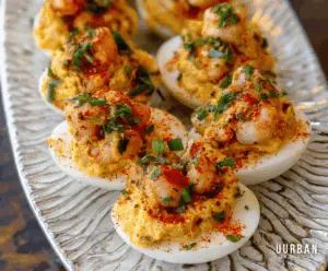 Delicious Crawfish Deviled Eggs topped with spicy seasonings and fresh herbs.