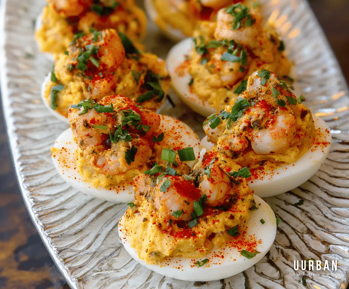 Delicious Crawfish Deviled Eggs topped with spicy seasonings and fresh herbs.