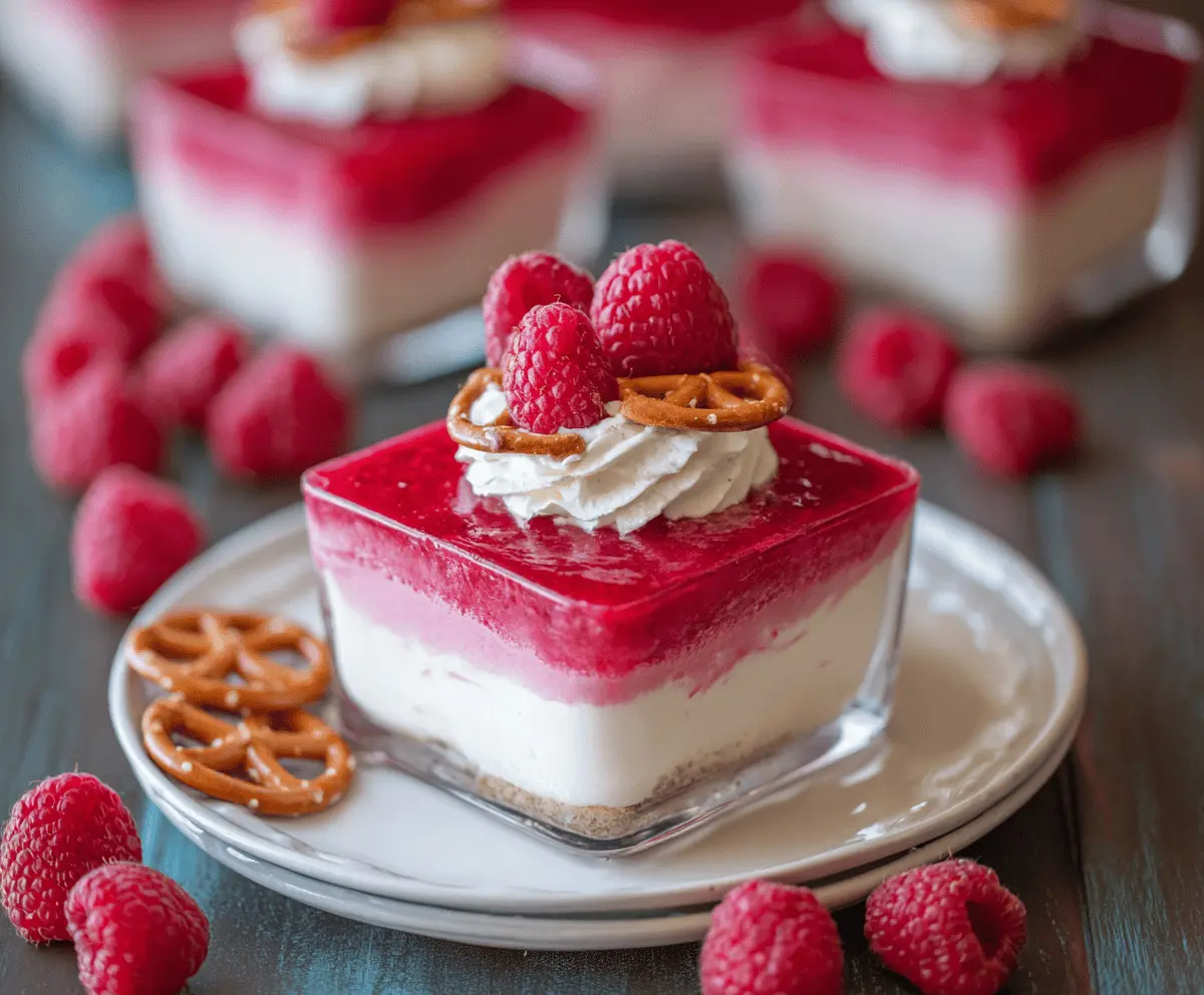Delicious creamy raspberry pretzel dessert served in a glass dish with fresh raspberries on top.