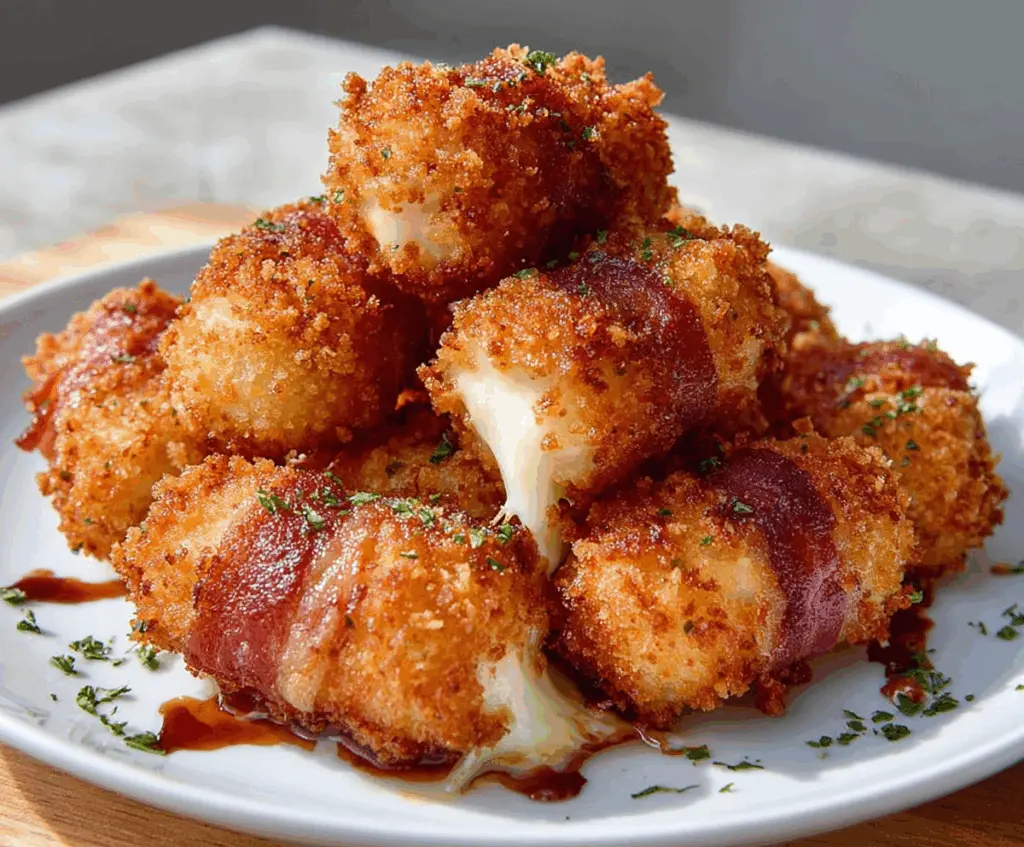 Delicious crispy bacon mozzarella poppers with melted cheese and crispy bacon topping.