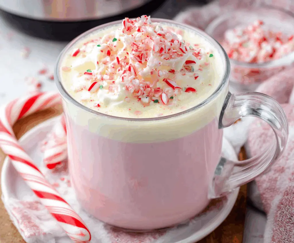 Delicious Crockpot Candy Cane White Hot Chocolate garnished with whipped cream and crushed peppermint for a festive holiday treat.