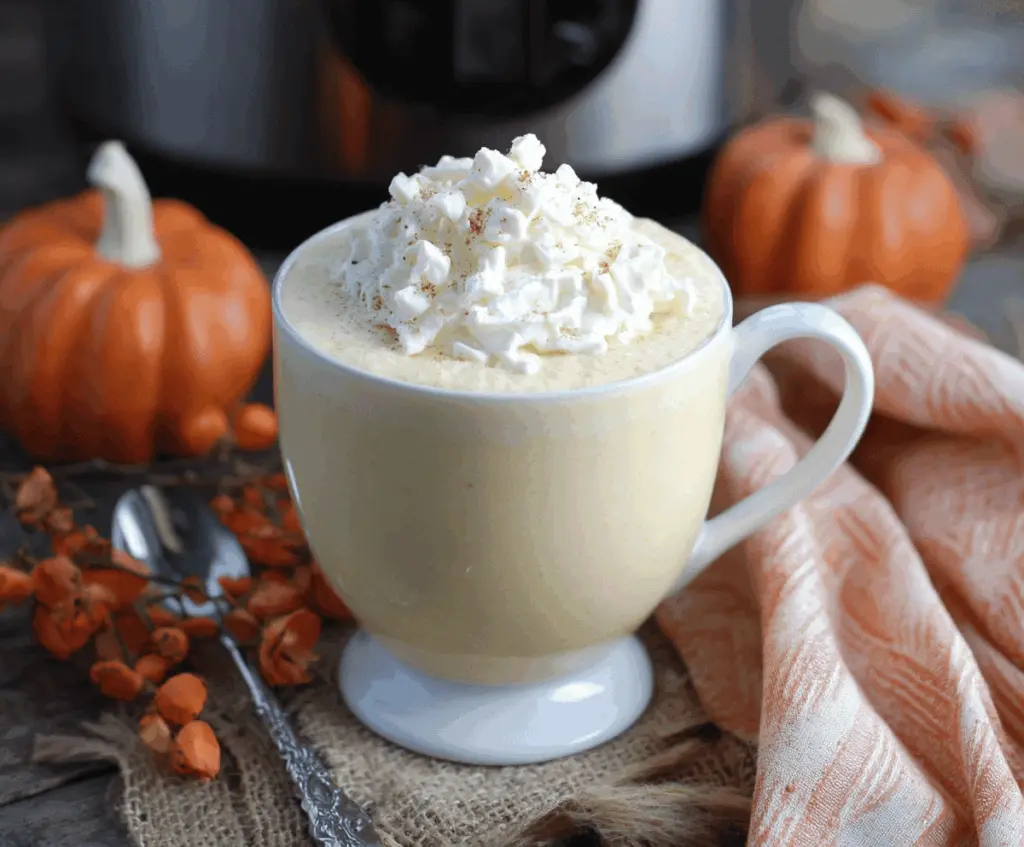 Creamy Crockpot Pumpkin Pie White Hot Chocolate in a mug topped with whipped cream and cinnamon.
