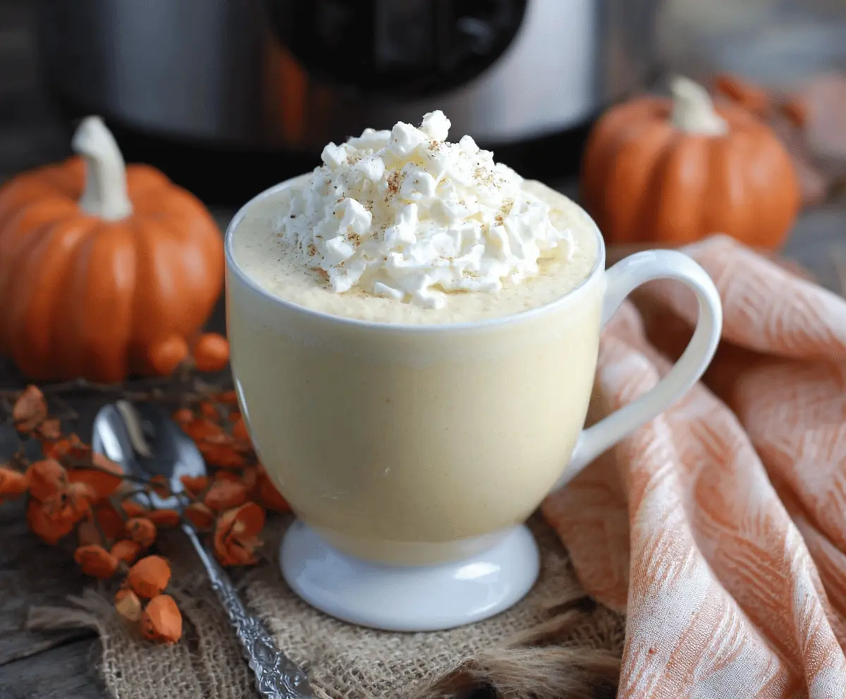 Creamy Crockpot Pumpkin Pie White Hot Chocolate in a mug topped with whipped cream and cinnamon.