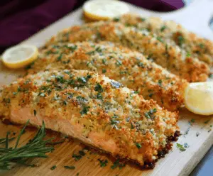 Delicious crusty salmon fillet topped with Parmesan herb mixture, perfect for a healthy meal.