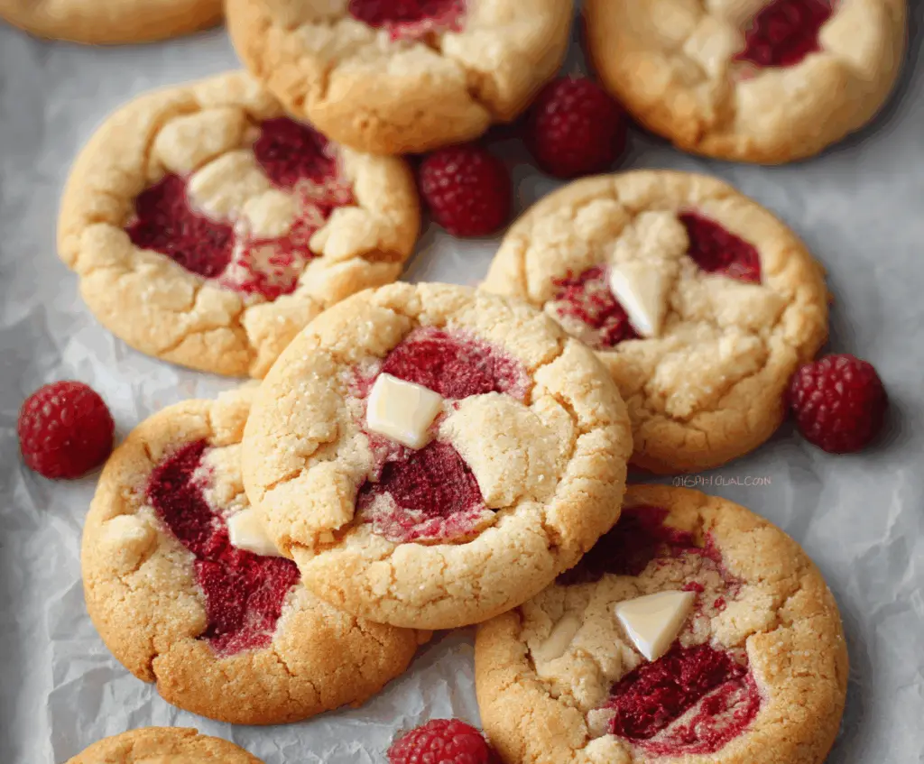Delicious eggless raspberry cookies with fresh raspberries and a golden-brown finish.