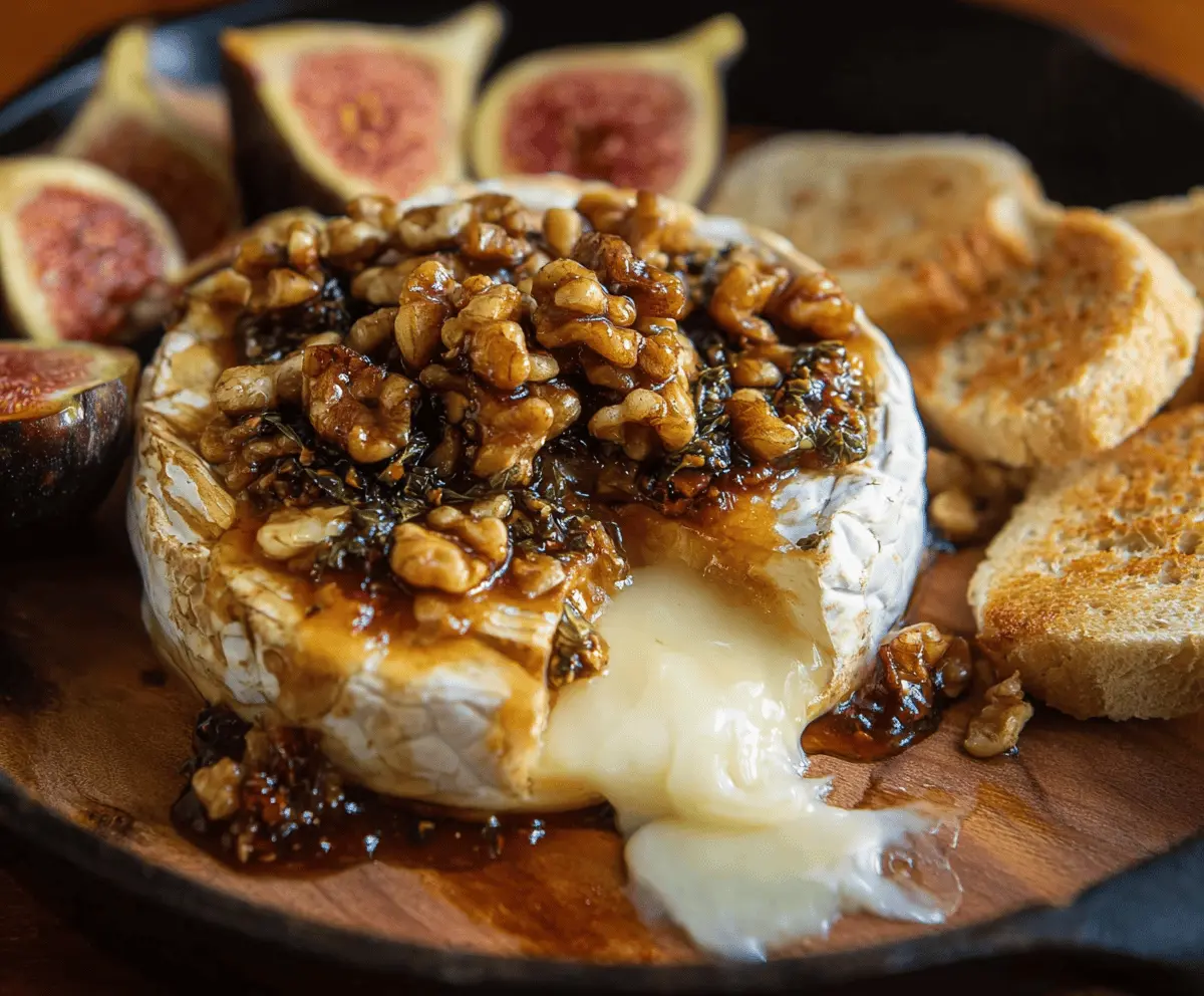 Delicious Fig Walnut Baked Brie served on a wooden platter with fresh figs and walnuts.