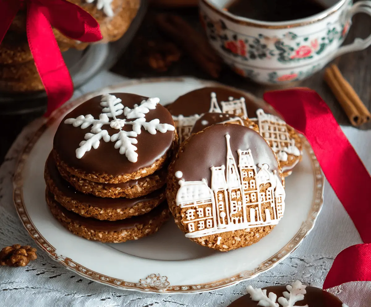 Delicious German gingerbread cookies decorated with icing and sprinkles for Christmas holiday.