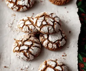Delicious gingerbread crinkle cookies with powdered sugar coating, perfect for the holiday season.