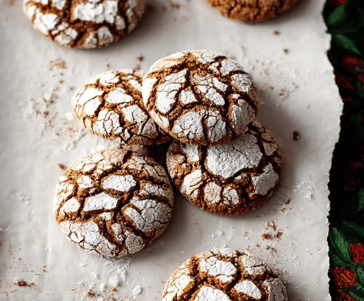 Delicious gingerbread crinkle cookies with powdered sugar coating, perfect for the holiday season.