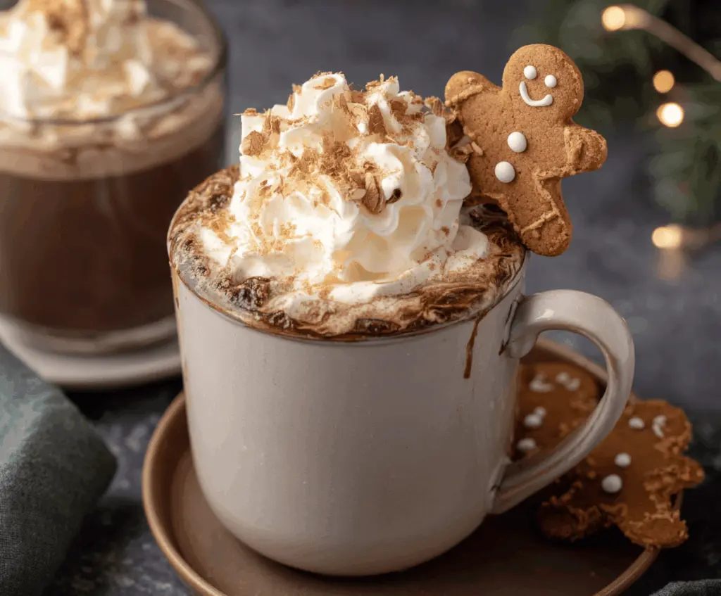 Warm gingerbread hot chocolate topped with whipped cream and cinnamon for a festive treat