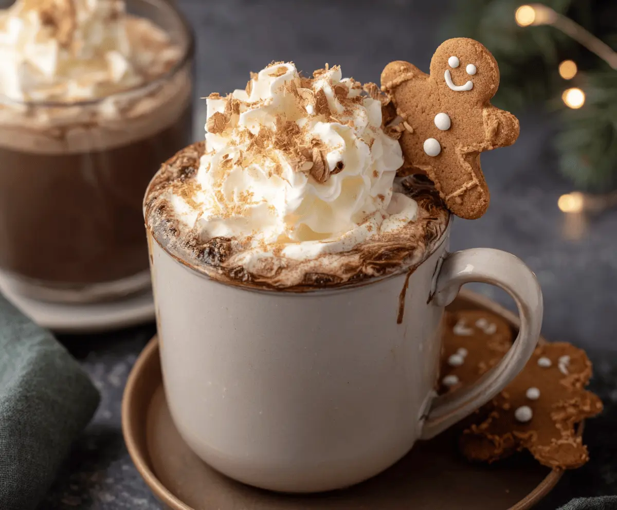 Warm gingerbread hot chocolate topped with whipped cream and cinnamon for a festive treat