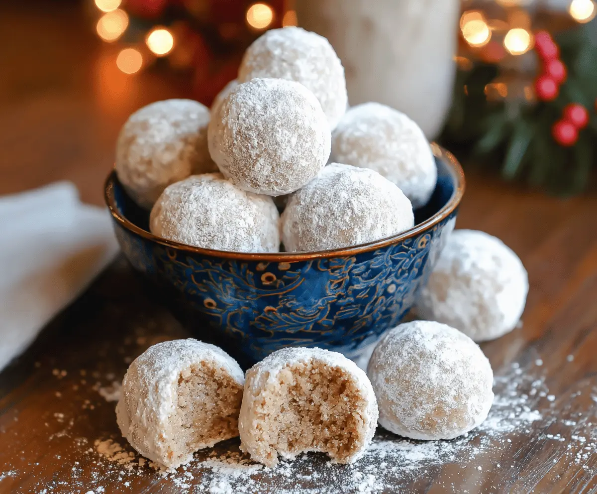 Delicious homemade gingerbread snowball cookies dusted with powdered sugar on a festive platter.
