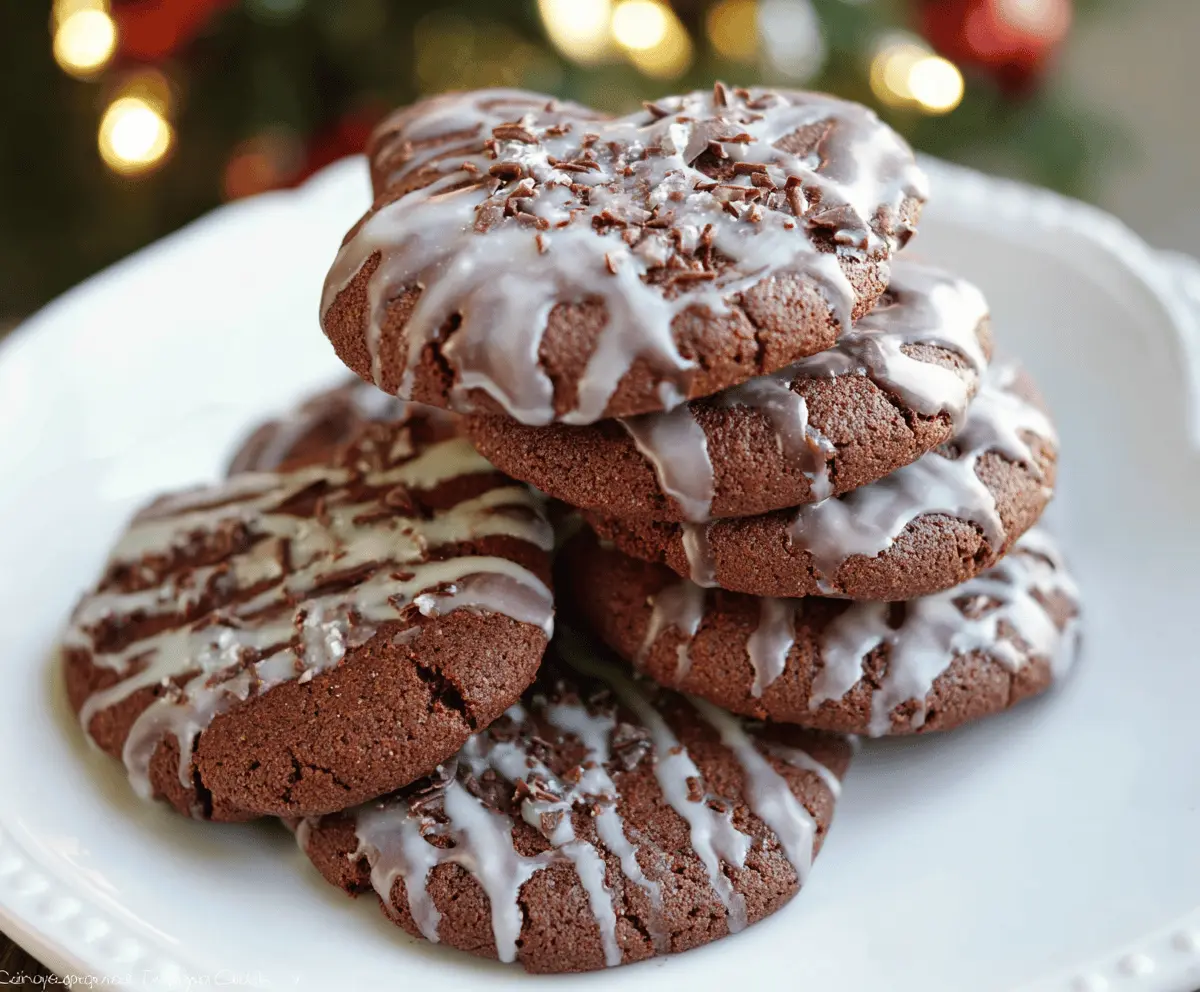 Delicious glazed chocolate gingerbread cookies with a shiny coating, perfect for holiday treats.