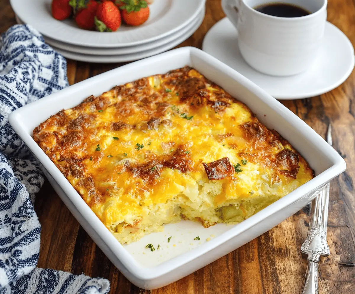 Golden Potatoes O'Brien Breakfast Casserole in a baking dish, ready for breakfast, Morning Magic recipe.